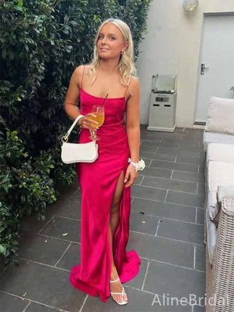 Elegant Red Spaghetti Strap Side-Slit Mermaid Long Prom Dress, PD381980