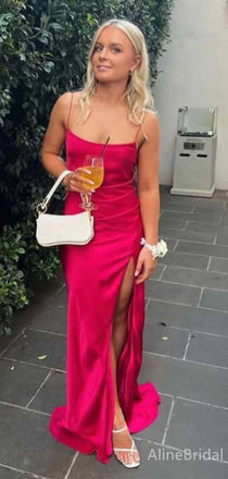 Elegant Red Spaghetti Strap Side-Slit Mermaid Long Prom Dress, PD381980