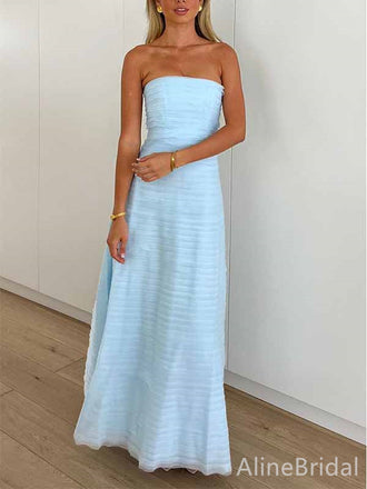 Complex Pinch Pleatd Baby Blue Strapless A-line Long Prom Dress, Evening Gowns,PD381984