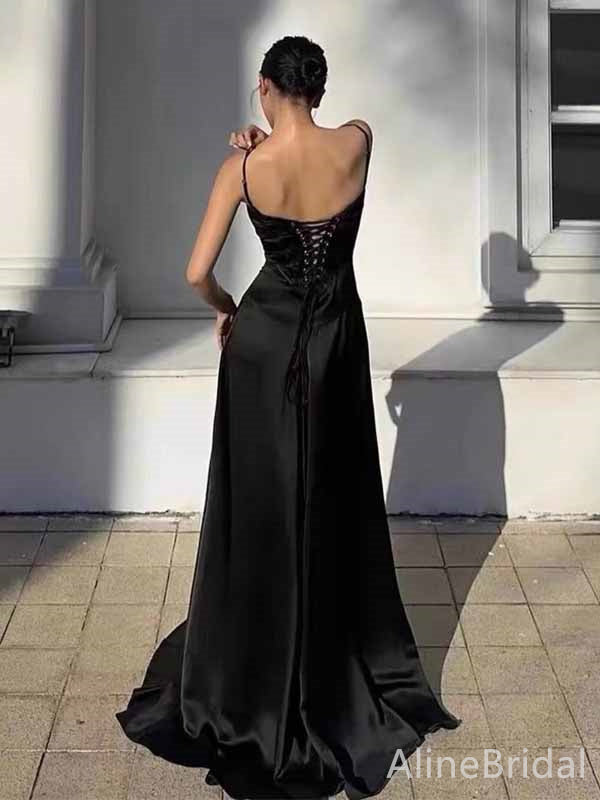 Gorgeous Satin Black Spaghetti Strap Hollow Out Lace Up Backless A-lin AlineBridal Gorgeous Satin Black Spaghetti Strap Hollow Out Lace Up Backless A-lin AlineBridal