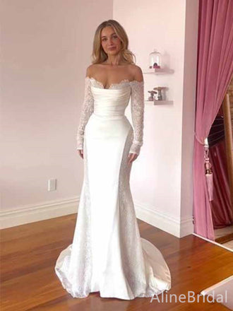 Elegant White V-neck Off-Shoulder Long Lace Sleeves Mermaid Long Wedding Dresses,WD3114