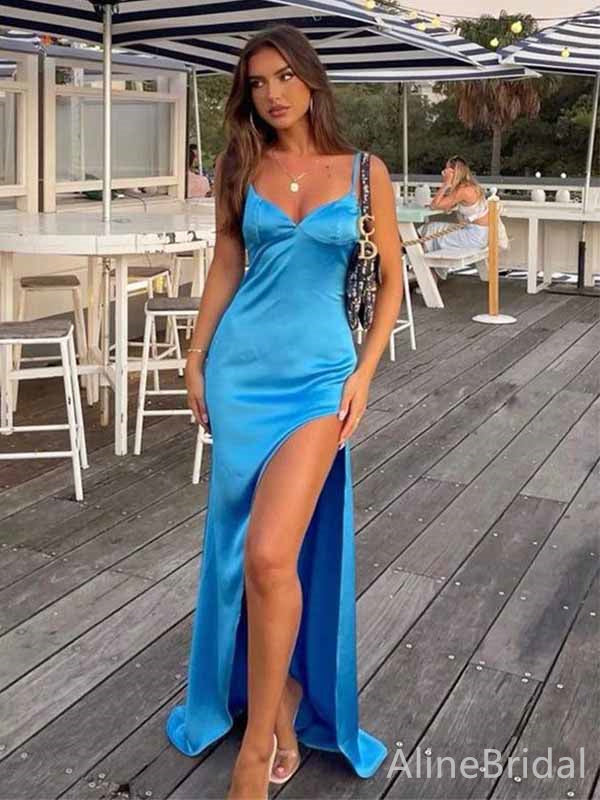 skimpy blue dress Sexy Dusty Blue Long Off-the-shoulder High Split Prom Dresses