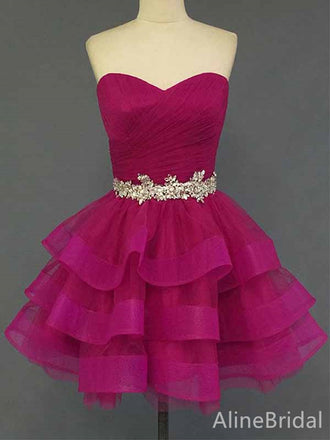 Elegant Sweetheart Strapless Hot Pink A-line Short Tulle Homecoming Dress, HD328006