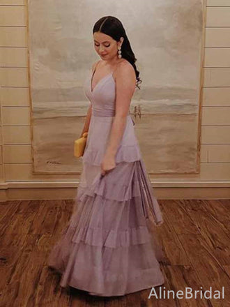 Elegant Purple V-neck Spaghetti Strap A-line Long Layered Tulle Prom Dress,PD381990