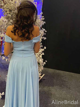 Elegant Pale Blue Off-the-Shoulder Side-Slit A-line Long Prom Dress, Party Dress, PD381992