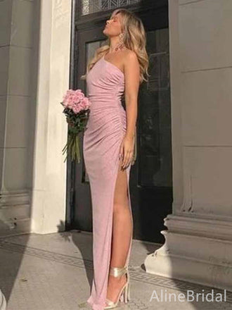 Elegant Pink One Shoulder Side Slit Mermaid Long Prom Dress,PD382003