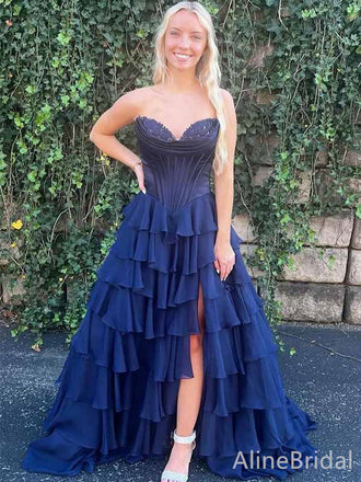 Gorgeous Navy Blue V-neck Strapless Corset A-line Long Tiered Prom Dress with Slit, PD382010