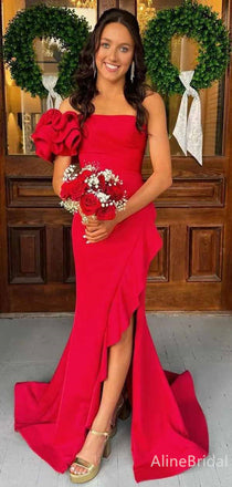 Floral Red Off-Shoulder Strapless Ruffles Mermaid Long Prom Dress with Slit, PD382021
