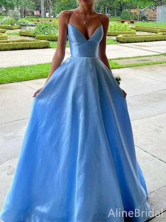 Simple Blue V-neck Spaghetti Strap A-line Long Prom Dress, Evening Gown, PD382022