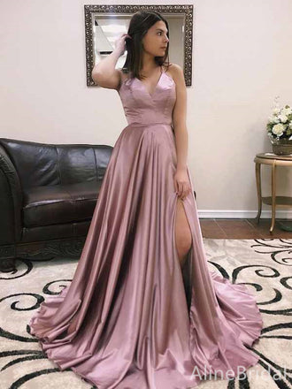 Gorgeous Mauve V-neck Spaghetti Strap A-line Long Prom Dress with Slit, PD382025