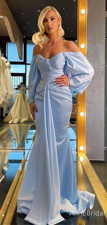 Elegant V-neck Blue Off-Shoulder Long Mermaid Prom Dress with Long Sleeves, PD382028