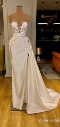 Sexy White Strapless Lace Applique Mermaid Long Prom Dress with Slit, Evening Dress, PD382034