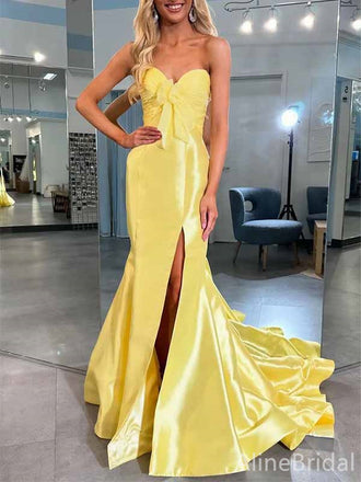 Stunning Yellow Sweetheart Side Slit Strapless Mermaid Long Prom Dress with Train, PD382047