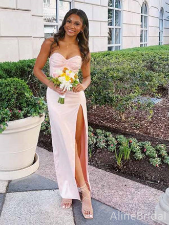 Elegant Pink Strapless Pleated Side Slit Mermaid Long Prom Dress, PD382054