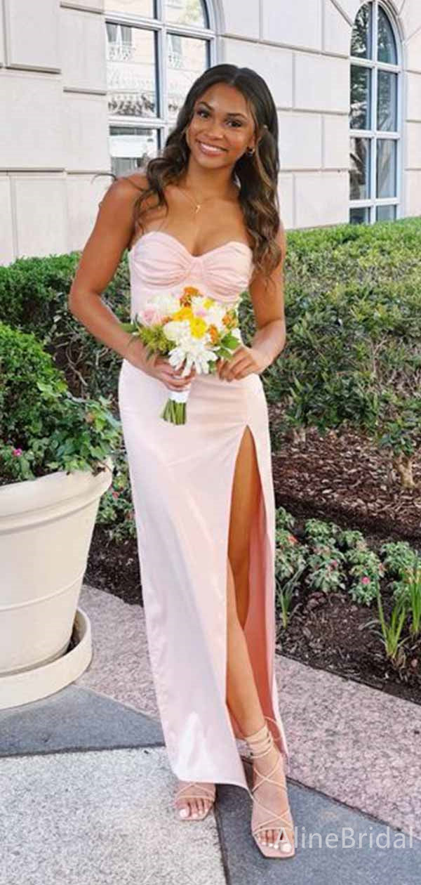 Elegant Pink Strapless Pleated Side Slit Mermaid Long Prom Dress, PD38 AlineBridal Elegant Pink Strapless Pleated Side Slit Mermaid Long Prom Dress, PD38 AlineBridal