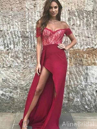 Gorgeous Red V-neck  Off-Shoulder Lace Mermaid Long Prom Dress with Side Slit, PD382057
