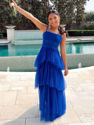 Elegant Royal Blue Spaghetti Strap Tiered Tulle A-line Long Prom Dress, PD382059