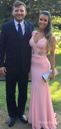 Elegant V-neck Pink Lace Appliques Long Mermaid Prom Dress, Evening Dress, PD382064