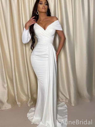Elegant White V-neck Off-Shoulder Mermaid Long Prom Dress, Evening Dress,PD382065