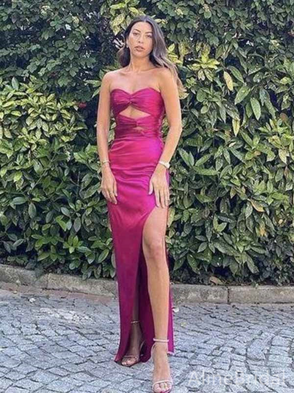 Elegant Strapless Hot Pink Mermaid Prom Dress with Slit, Twist-Front E AlineBridal Elegant Strapless Hot Pink Mermaid Prom Dress with Slit, Twist-Front E AlineBridal