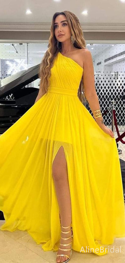 Elegant Yellow One-Shoulder A-line Long Prom Dress with Side Slit, Eve AlineBridal Elegant Yellow One-Shoulder A-line Long Prom Dress with Side Slit, Eve AlineBridal