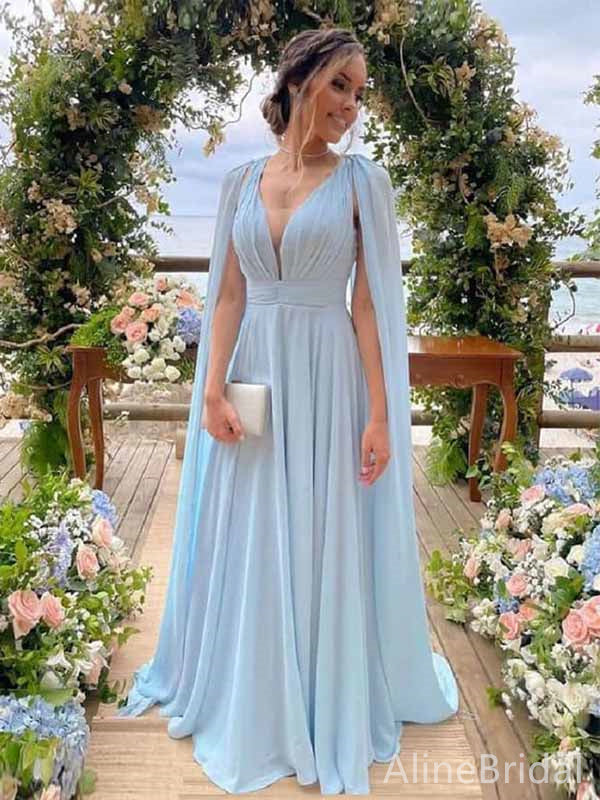 Elegant Light Blue V-neck Chiffon A-line Long Prom Dress with Cape, Ev AlineBridal Elegant Light Blue V-neck Chiffon A-line Long Prom Dress with Cape, Ev AlineBridal