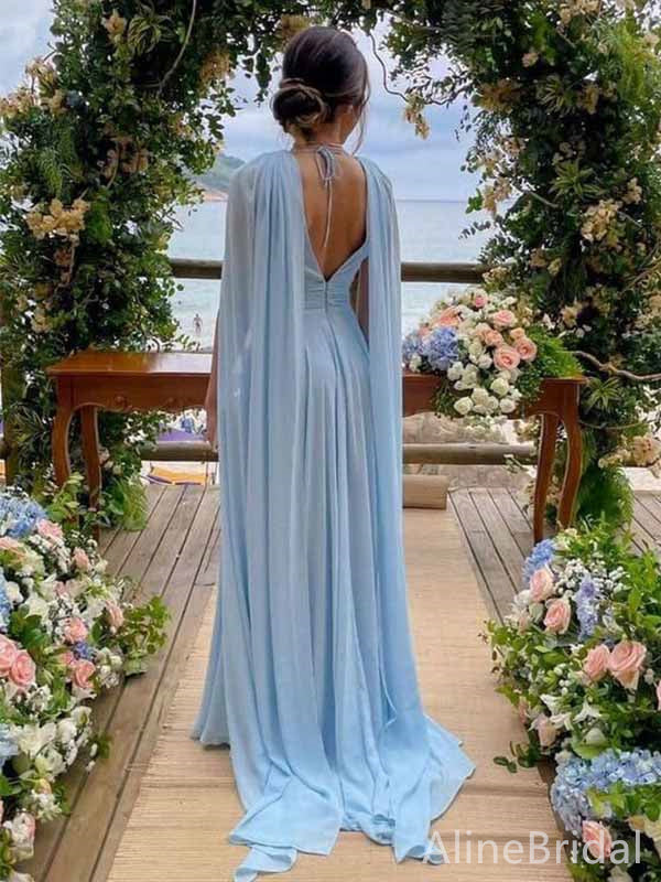 Elegant Light Blue V-neck Chiffon A-line Long Prom Dress with Cape, Ev AlineBridal Elegant Light Blue V-neck Chiffon A-line Long Prom Dress with Cape, Ev AlineBridal