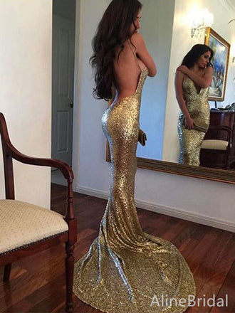 Sparkly Gold V-neck Backless Long Mermaid Prom Dress, Evening Dress, PD382081