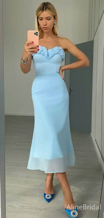 Elegant Blue Sweetheart Strapless Midi Prom Dress, Evening Dress, PD382087