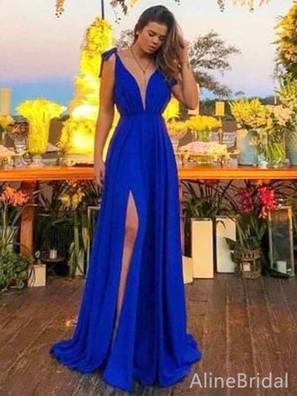 Elegant Deep V-neck Royal Blue A-line Long Prom Dress, Evening Dress, PD382094