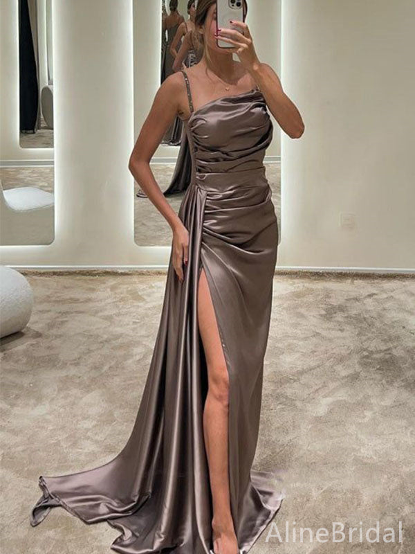 Gorgeous Mocha Spaghetti Strap Pleated Maxi Long Prom Dress with Slit, AlineBridal Gorgeous Mocha Spaghetti Strap Pleated Maxi Long Prom Dress with Slit, AlineBridal