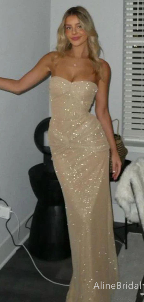 Sparkly Champagne Gold Strapless Mermaid Prom Dress, Evening Dress, PD AlineBridal Sparkly Champagne Gold Strapless Mermaid Prom Dress, Evening Dress, PD AlineBridal