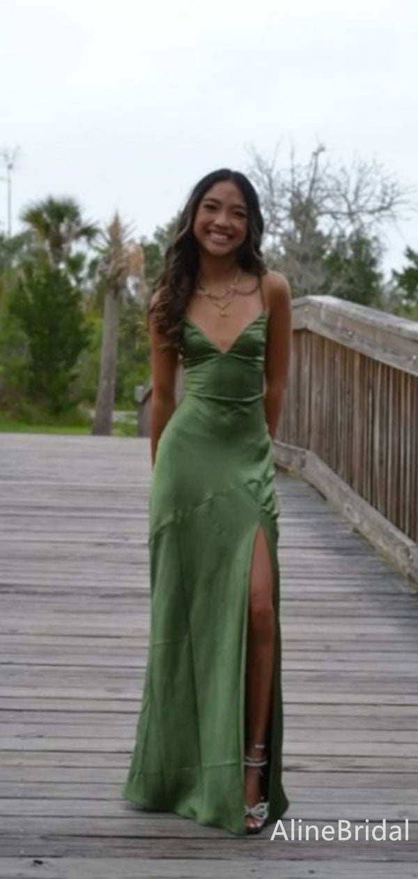Simple Olive Green Backless Long Prom Dress with Slit, Evening Dress, AlineBridal Simple Olive Green Backless Long Prom Dress with Slit, Evening Dress, AlineBridal