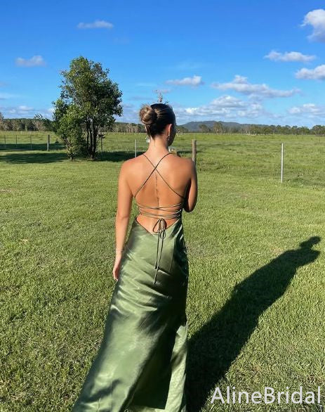 Simple Olive Green Backless Long Prom Dress with Slit, Evening Dress, AlineBridal Simple Olive Green Backless Long Prom Dress with Slit, Evening Dress, AlineBridal
