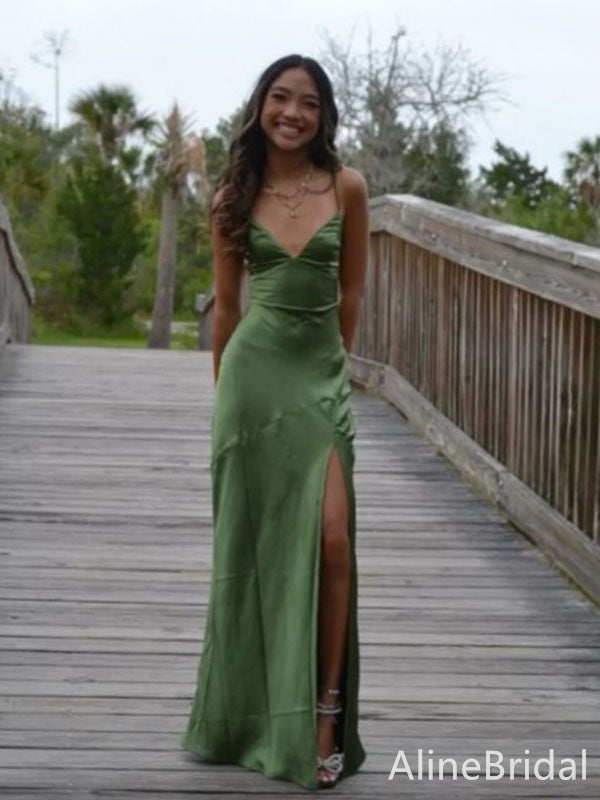 Simple Olive Green Backless Long Prom Dress with Slit, Evening Dress, AlineBridal Simple Olive Green Backless Long Prom Dress with Slit, Evening Dress, AlineBridal