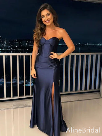 Elegant Navy Blue Sweetheart Strapless Corset Long Mermaid Evening Dress with Slit, Prom Dress, PD382122