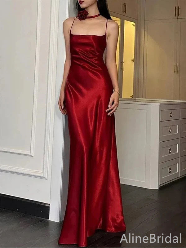 evening elegant red satin dress Long Red Satin V-neck Bridesmaid Dresses