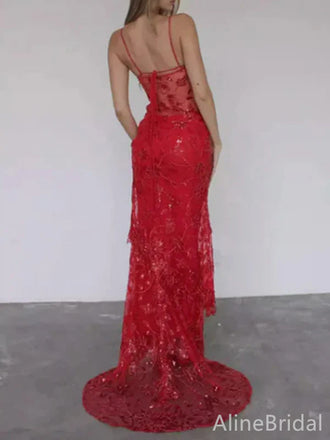 Sexy Red Lace Appliqué Sheer Spaghetti Strap Long Mermaid Evening Gown, Evening Dress, PD382135