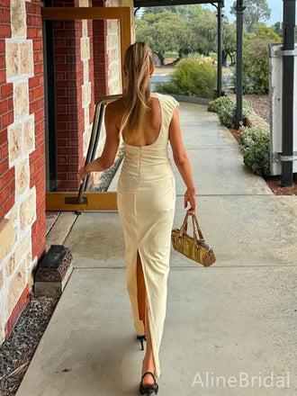 Pastel Yellow One-Shoulder Long Mermaid Evening Dress, Formal Dress, PD382151