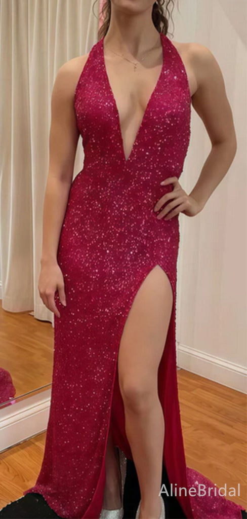 Sexy Deep V-neck Halter Lace Side slit Long Prom Dress,Evening Dress,PD382164