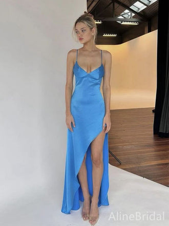 Elegant V-neck Blue Spaghetti Strap Mermaid Side Slit Long Prom Dress,Evening Dress,PD382167