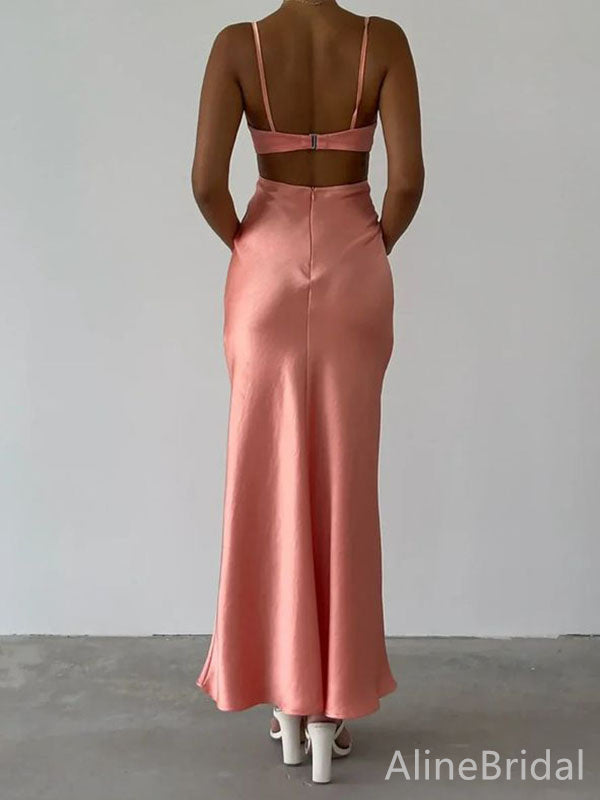 Stylish Peach Pink Spaghetti Strap Backless Long Prom Dress, Evening D AlineBridal Stylish Peach Pink Spaghetti Strap Backless Long Prom Dress, Evening D AlineBridal