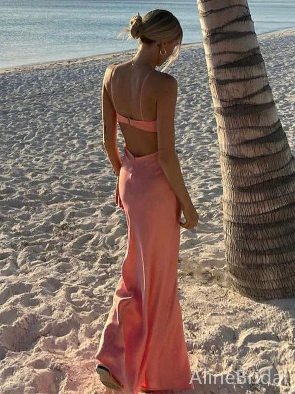 Stylish Peach Pink Spaghetti Strap Backless Long Prom Dress, Evening D AlineBridal Stylish Peach Pink Spaghetti Strap Backless Long Prom Dress, Evening D AlineBridal