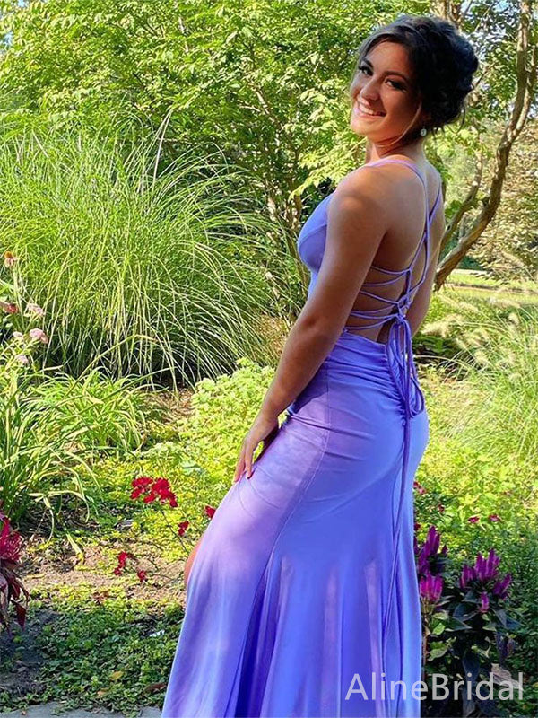 Elegant V-neck Purple Spaghetti Strap Side Slit Mermaid Long Prom Dress,Evening Dress,PD382169