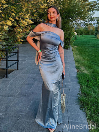 Elegant Misty Blue Off Shoulder Long Mermaid Prom Dress, Evening Dress, PD382178
