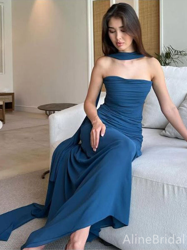 Premium Navy Strapless Neckline Flutter Straps Mermaid Long Prom Dress,Evening Dress,PD382191