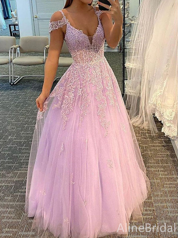 Gorgeous V-neck Spaghetti Strap Off-Shoulder Lace A-line Long Prom Dress,Evening Dress,PD382192