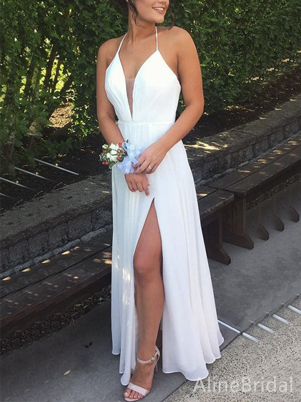 Gorgeous White Halter Spaghetti Strap A-line Split Side Long Prom Dres AlineBridal Gorgeous White Halter Spaghetti Strap A-line Split Side Long Prom Dres AlineBridal