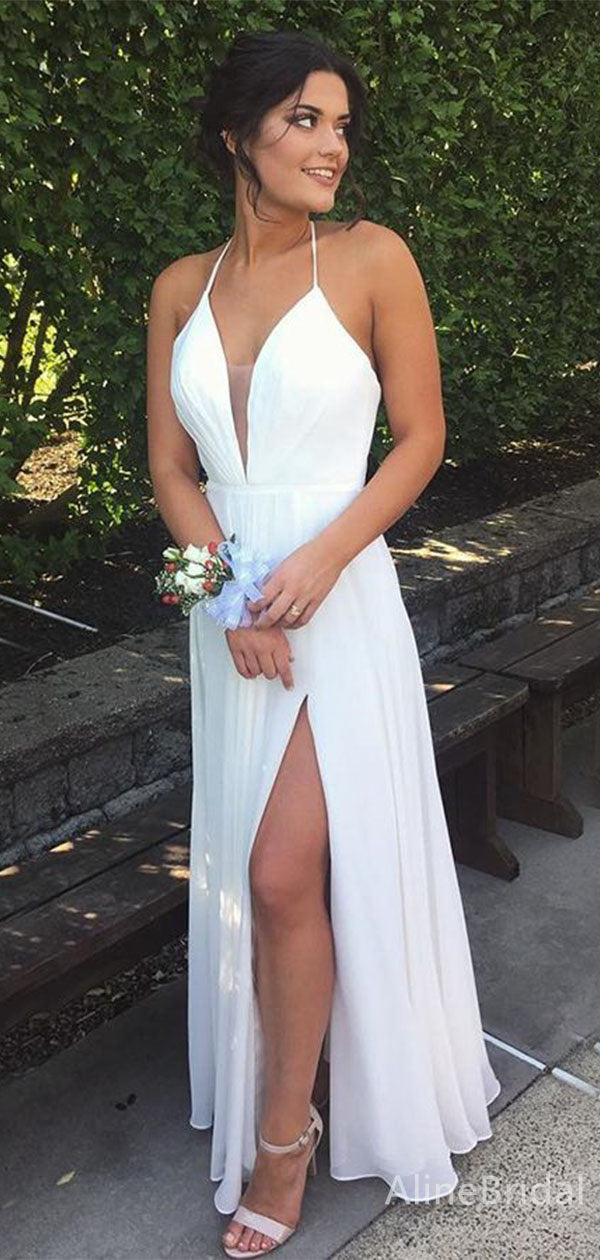 Gorgeous White Halter Spaghetti Strap A-line Split Side Long Prom Dres AlineBridal Gorgeous White Halter Spaghetti Strap A-line Split Side Long Prom Dres AlineBridal