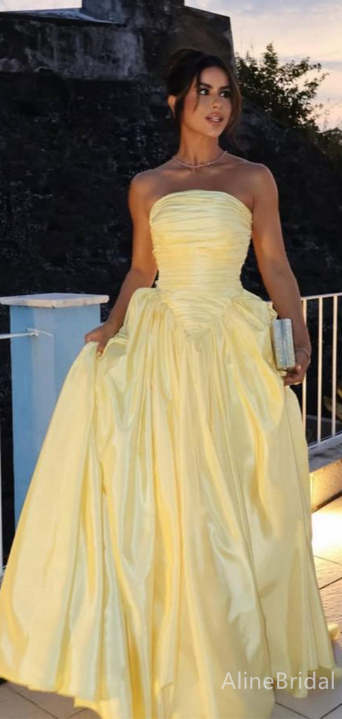 Elegant Yellow Strapless A-line Long Prom Dress,Evening Dress,PD382211